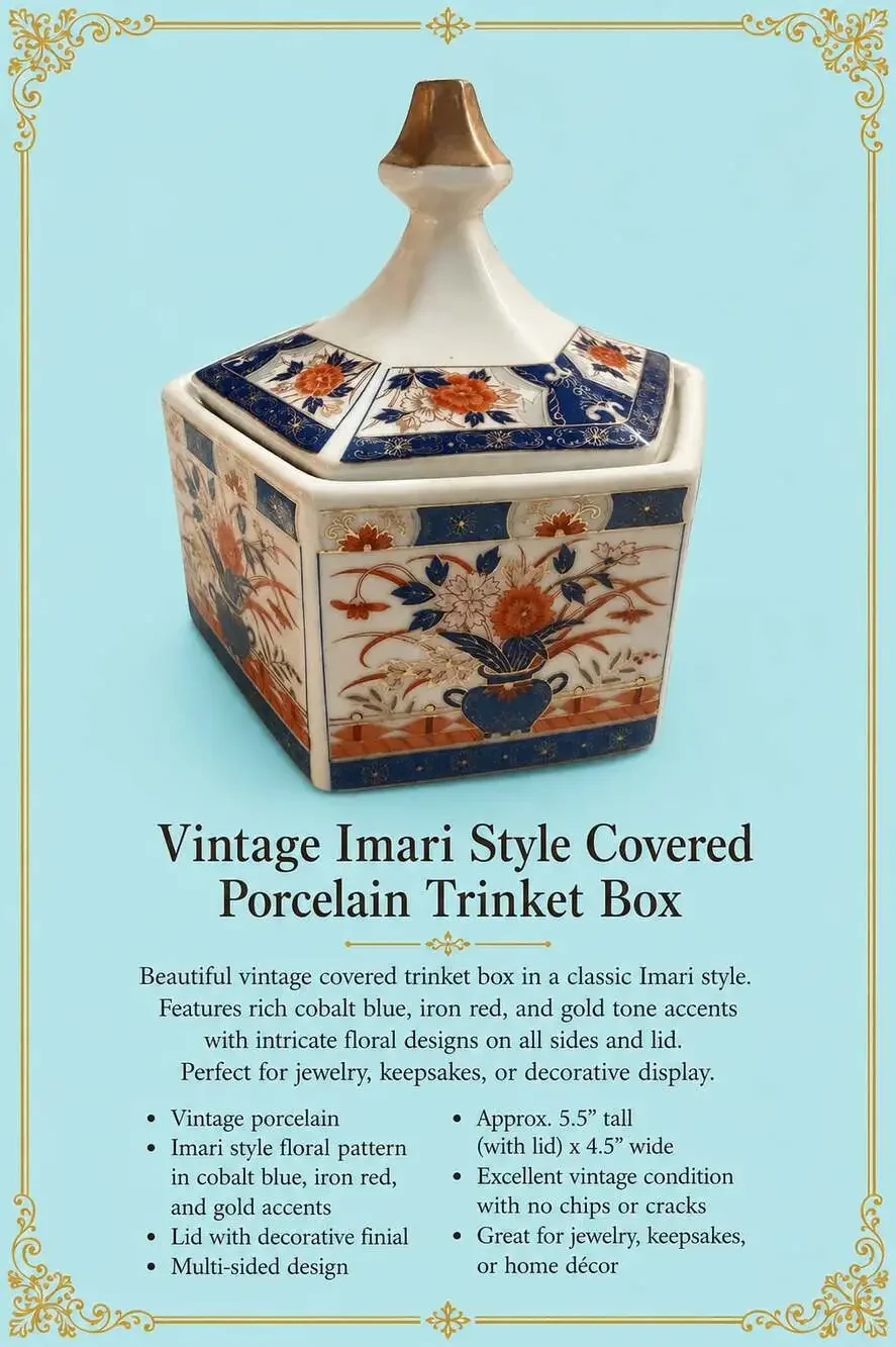 Vintage Fred Roberts Co. Hexagon Japanese Imari Style Lidded Trinket Box